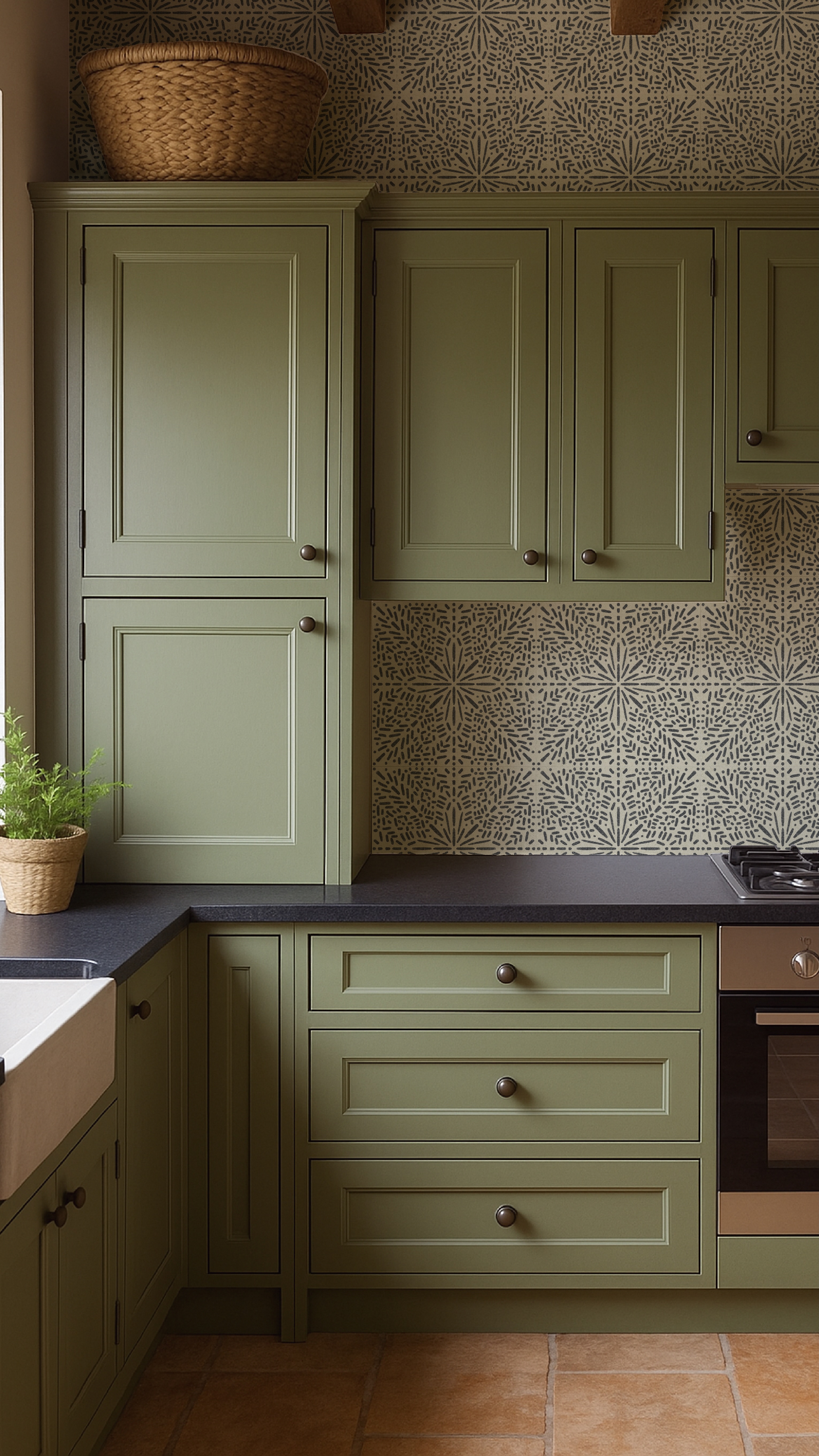 Olive green kitchen cabinetry with patterned tile backsplash